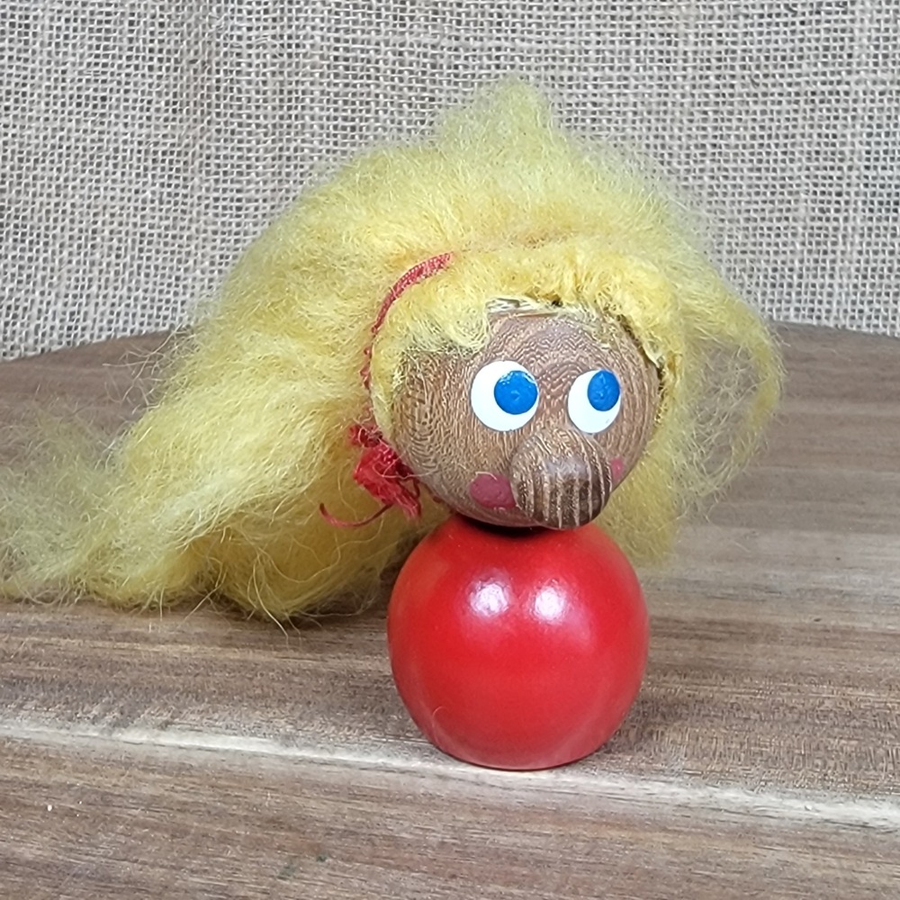 Vintage Sweden Wood Troll Doll Red Ball Blonde Hair 1960s Scandinavian Folk Art